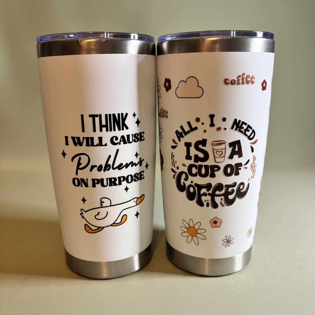 Cloverly Stainless Tumbler on sage green background